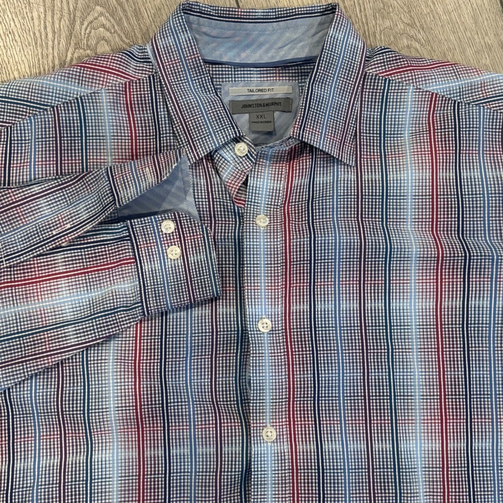 Johnston & Murphy Button Down Shirt Mens XXL Blue Red Plaid Tailored Fit Cotton
